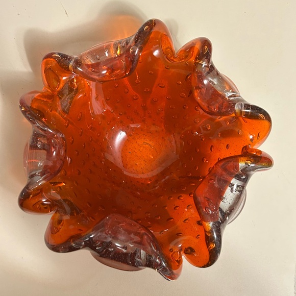Vintage Murano Italy Glass Bullicante Orange Trinket Dish Ash Tray - Picture 1 of 10
